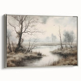Vintage Landscape Art - Misty River with Bare Trees in Soft Hues