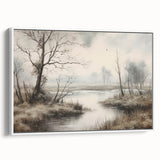 Vintage Landscape Art - Misty River with Bare Trees in Soft Hues