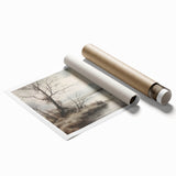 Vintage Landscape Art - Misty River with Bare Trees in Soft Hues