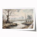 Vintage Landscape Art - Misty River with Bare Trees in Soft Hues