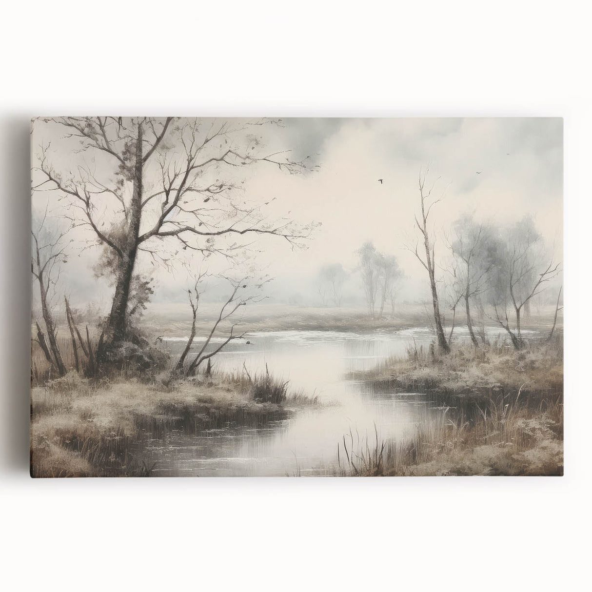 Vintage Landscape Art - Misty River with Bare Trees in Soft Hues