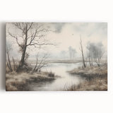 Vintage Landscape Art - Misty River with Bare Trees in Soft Hues
