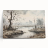 Vintage Landscape Art - Misty River with Bare Trees in Soft Hues