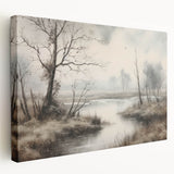 Vintage Landscape Art - Misty River with Bare Trees in Soft Hues