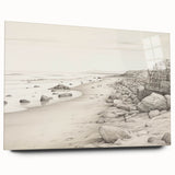 Vintage Landscape Art - Coastal Rocks and Beach in Black and White Ink