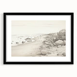 Vintage Landscape Art - Coastal Rocks and Beach in Black and White Ink