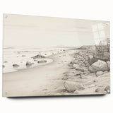 Vintage Landscape Art - Coastal Rocks and Beach in Black and White Ink