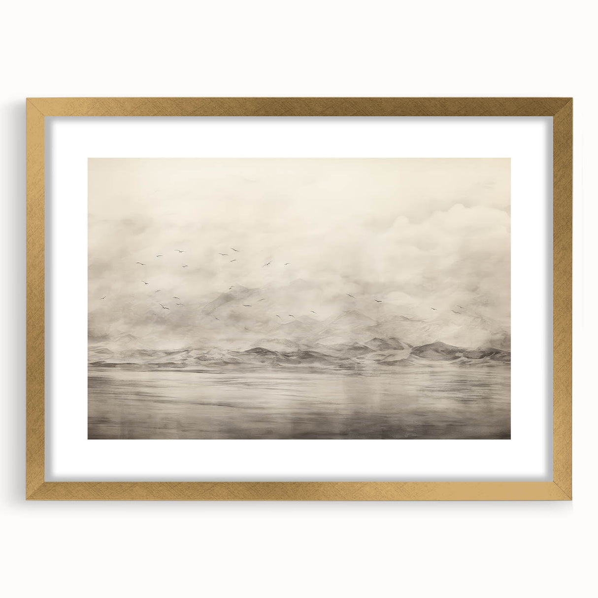 Vintage Landscape Art - Misty Mountains and Birds in Flight