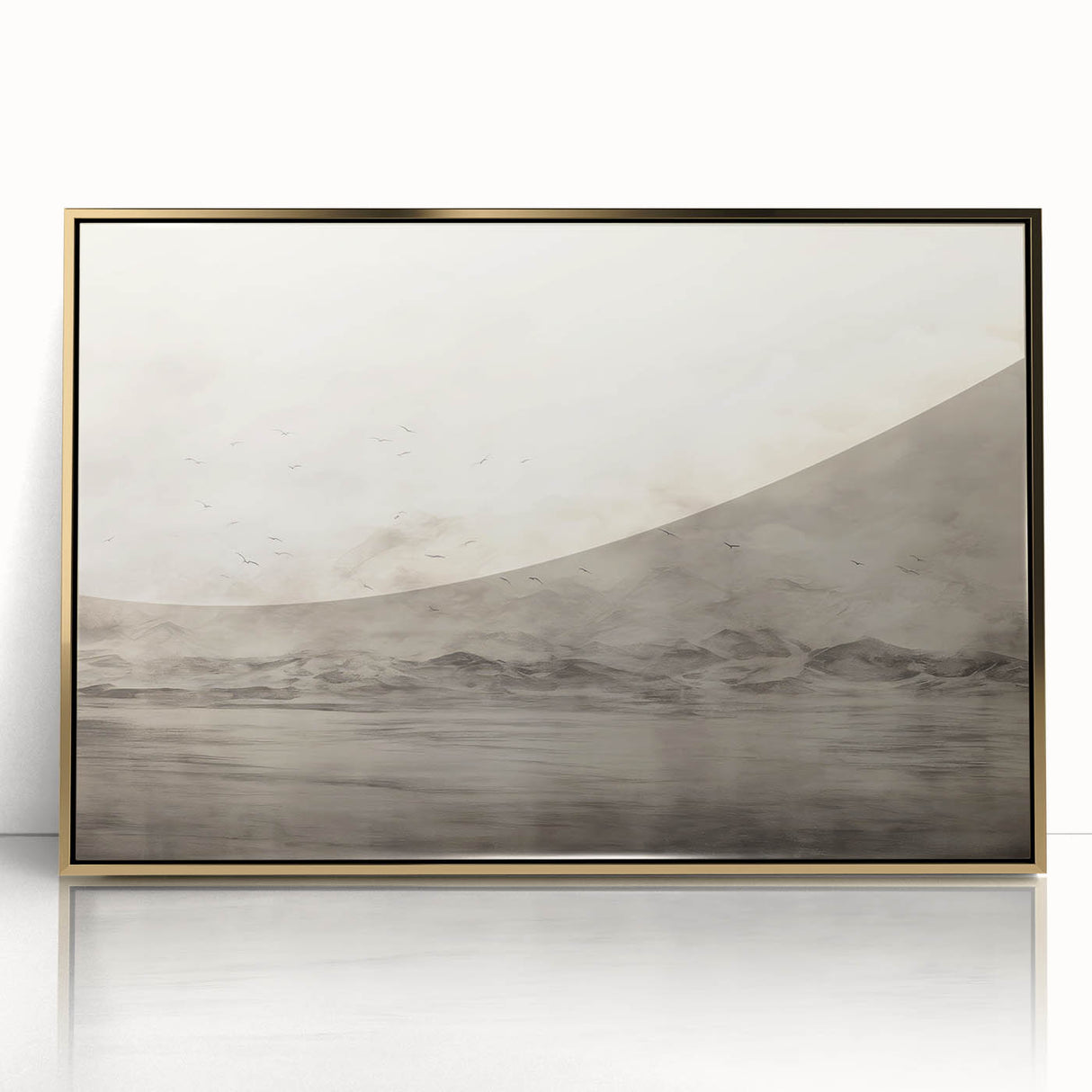 Vintage Landscape Art - Misty Mountains and Birds in Flight