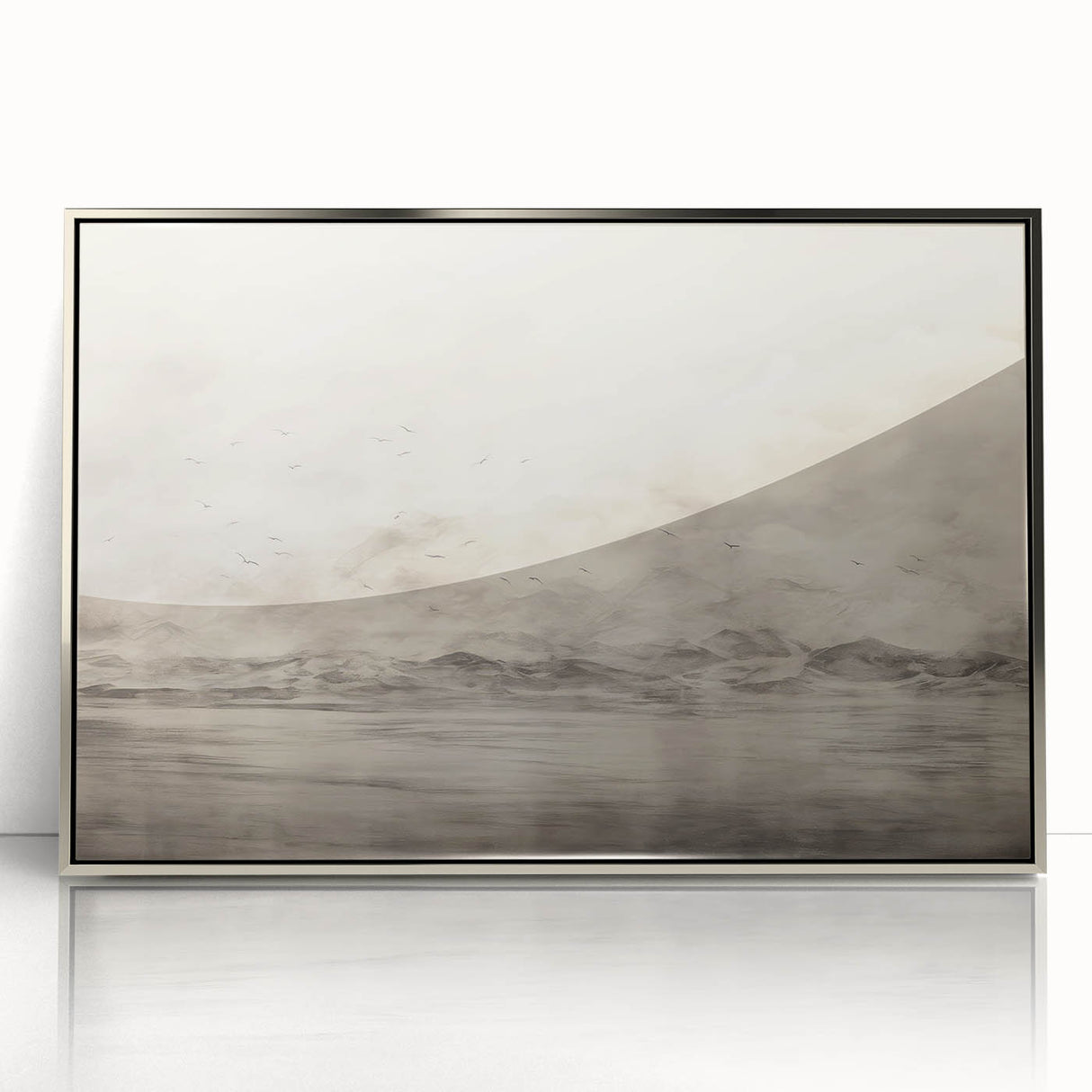 Vintage Landscape Art - Misty Mountains and Birds in Flight