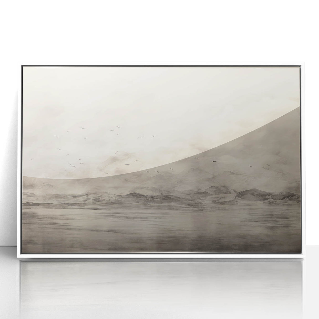 Vintage Landscape Art - Misty Mountains and Birds in Flight