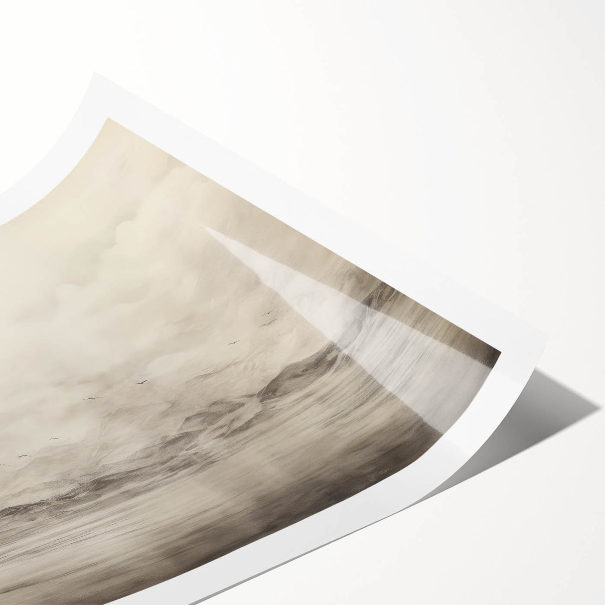 Vintage Landscape Art - Misty Mountains and Birds in Flight