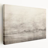 Vintage Landscape Art - Misty Mountains and Birds in Flight