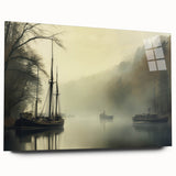 Vintage Landscape Art - Foggy River with Boats and Bare Trees