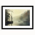 Vintage Landscape Art - Foggy River with Boats and Bare Trees