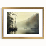 Vintage Landscape Art - Foggy River with Boats and Bare Trees