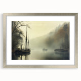 Vintage Landscape Art - Foggy River with Boats and Bare Trees