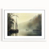 Vintage Landscape Art - Foggy River with Boats and Bare Trees
