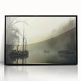 Vintage Landscape Art - Foggy River with Boats and Bare Trees