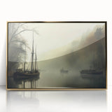 Vintage Landscape Art - Foggy River with Boats and Bare Trees