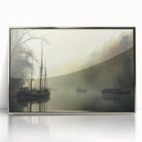 Vintage Landscape Art - Foggy River with Boats and Bare Trees