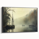 Vintage Landscape Art - Foggy River with Boats and Bare Trees