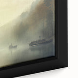Vintage Landscape Art - Foggy River with Boats and Bare Trees