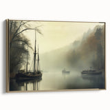 Vintage Landscape Art - Foggy River with Boats and Bare Trees
