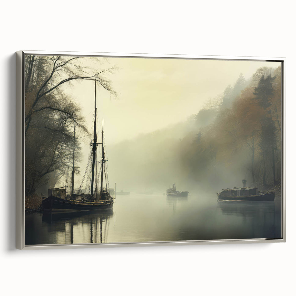 Vintage Landscape Art - Foggy River with Boats and Bare Trees