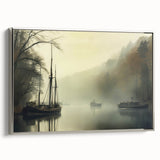 Vintage Landscape Art - Foggy River with Boats and Bare Trees