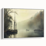 Vintage Landscape Art - Foggy River with Boats and Bare Trees