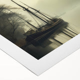 Vintage Landscape Art - Foggy River with Boats and Bare Trees