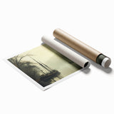 Vintage Landscape Art - Foggy River with Boats and Bare Trees