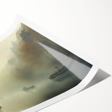 Vintage Landscape Art - Foggy River with Boats and Bare Trees