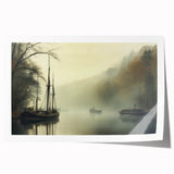 Vintage Landscape Art - Foggy River with Boats and Bare Trees