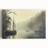 Vintage Landscape Art - Foggy River with Boats and Bare Trees