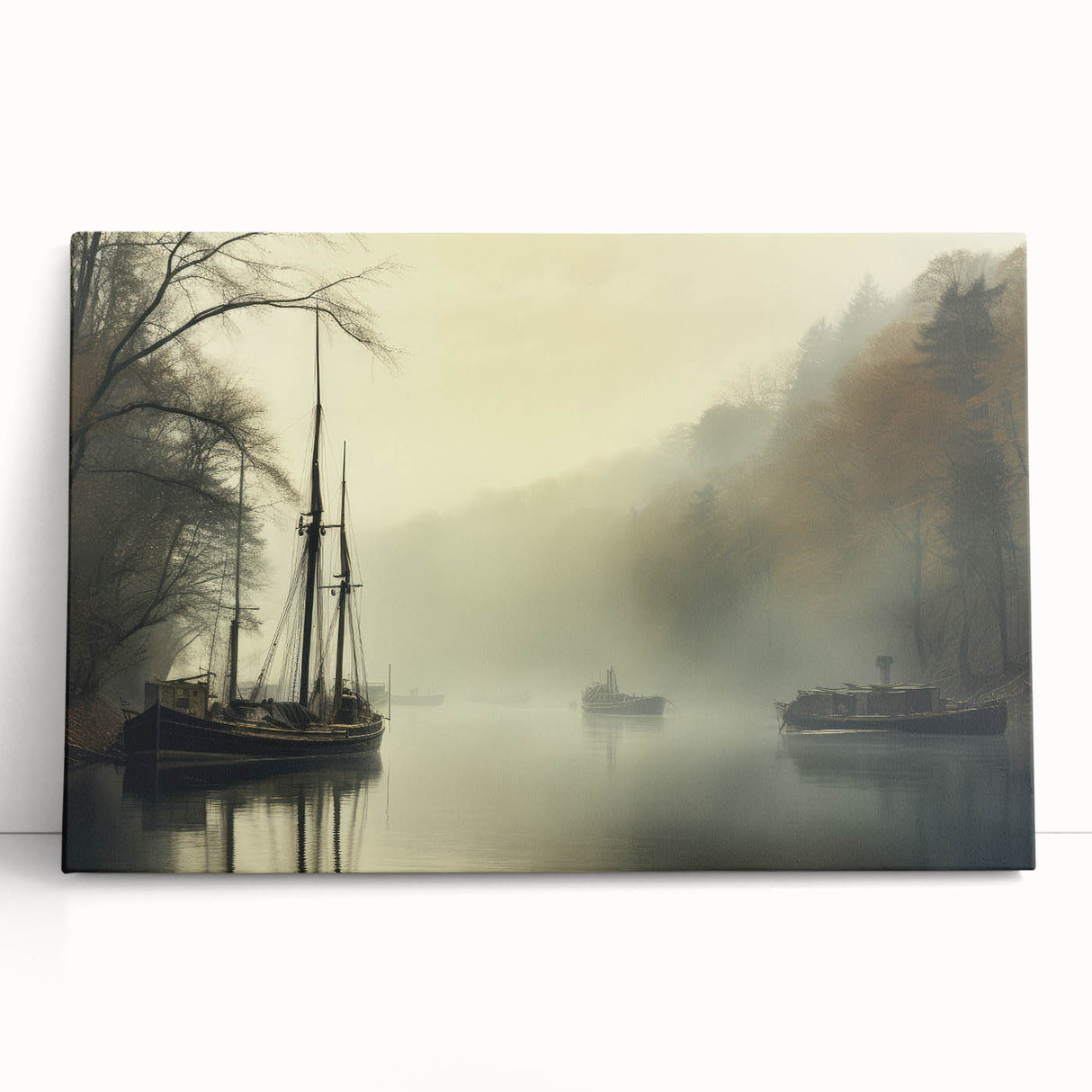 Vintage Landscape Art - Foggy River with Boats and Bare Trees