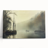 Vintage Landscape Art - Foggy River with Boats and Bare Trees