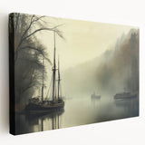 Vintage Landscape Art - Foggy River with Boats and Bare Trees
