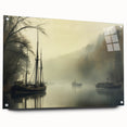 Vintage Landscape Art - Foggy River with Boats and Bare Trees