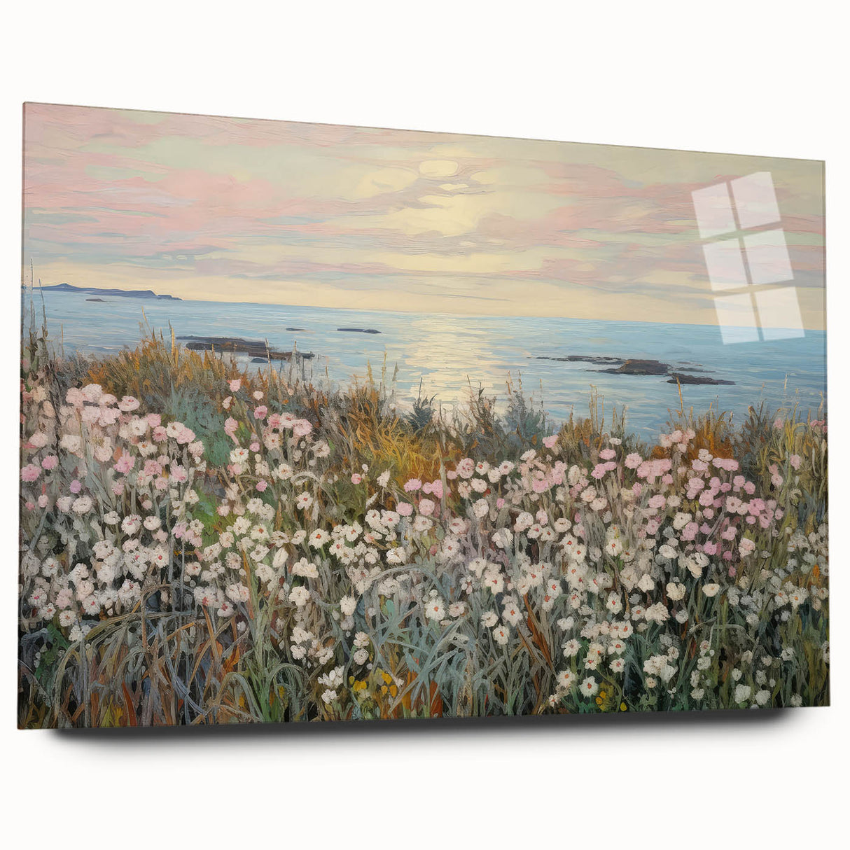 Vintage Landscape Art - Coastal Flowers and Ocean Horizon