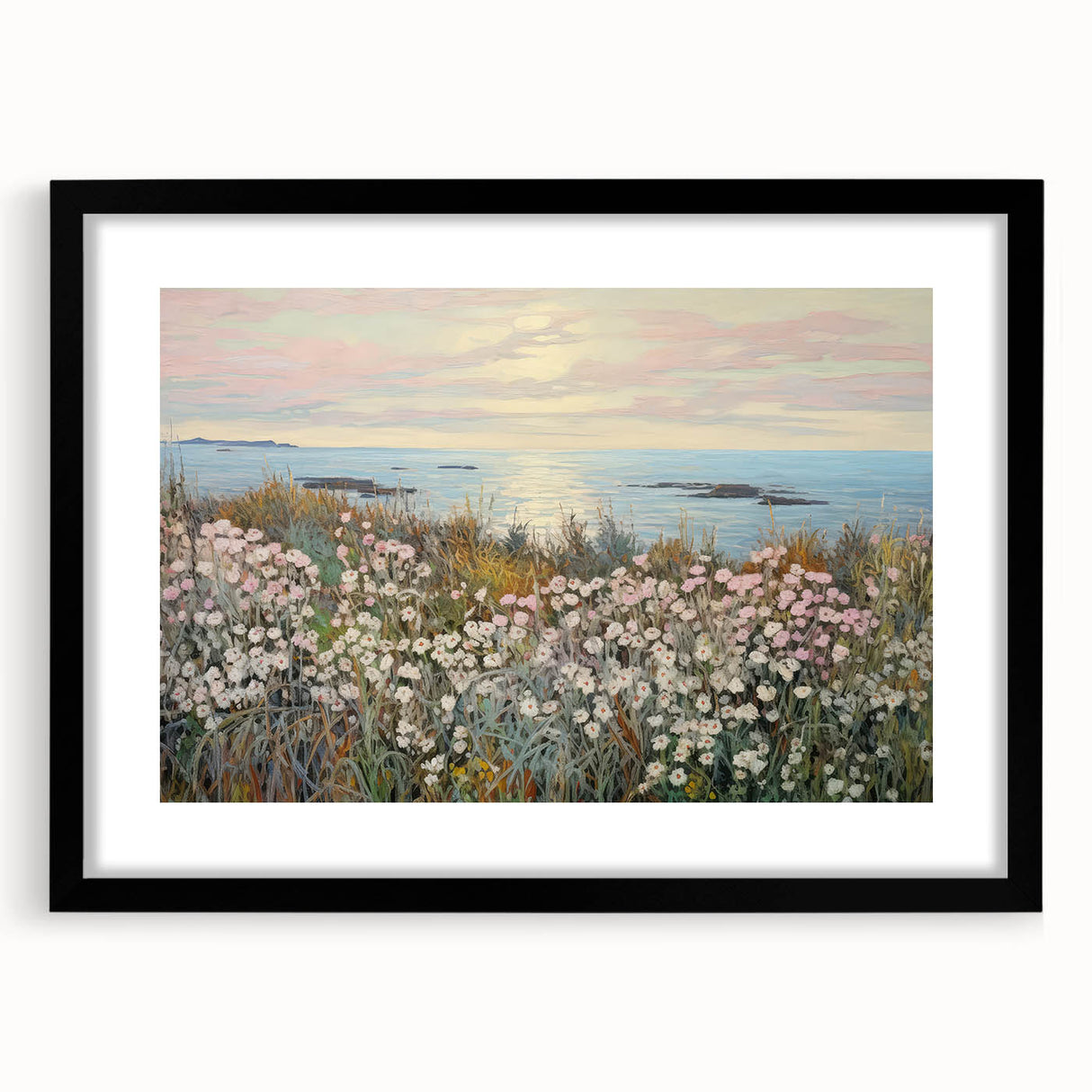 Vintage Landscape Art - Coastal Flowers and Ocean Horizon