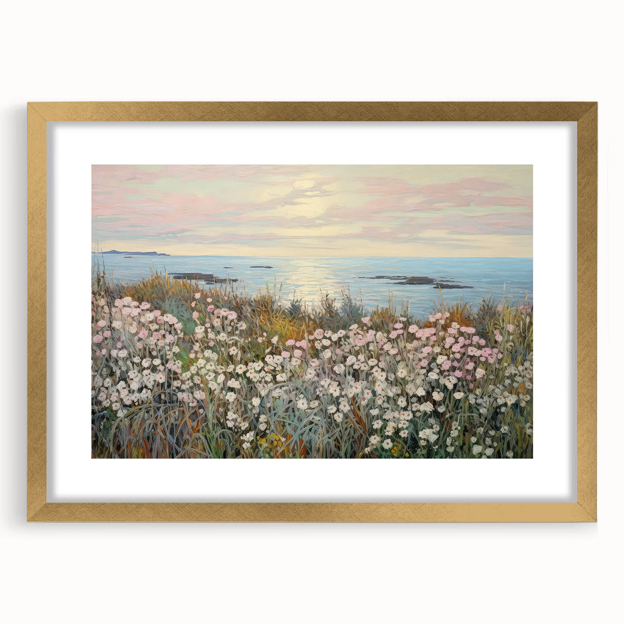 Vintage Landscape Art - Coastal Flowers and Ocean Horizon