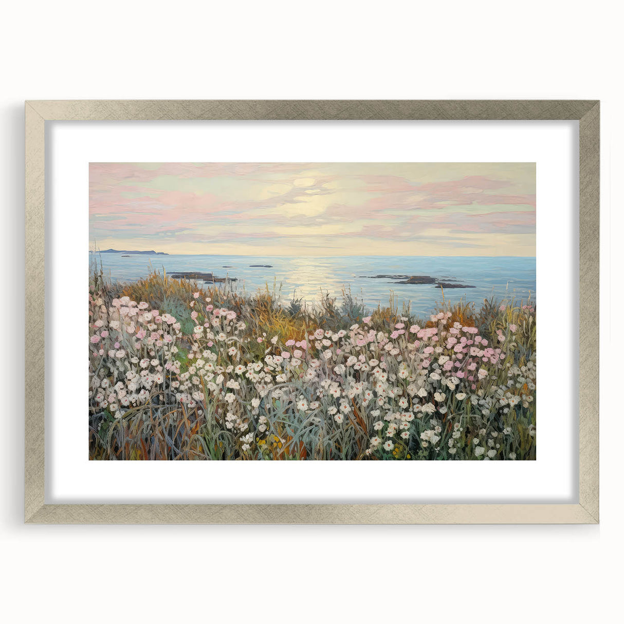 Vintage Landscape Art - Coastal Flowers and Ocean Horizon