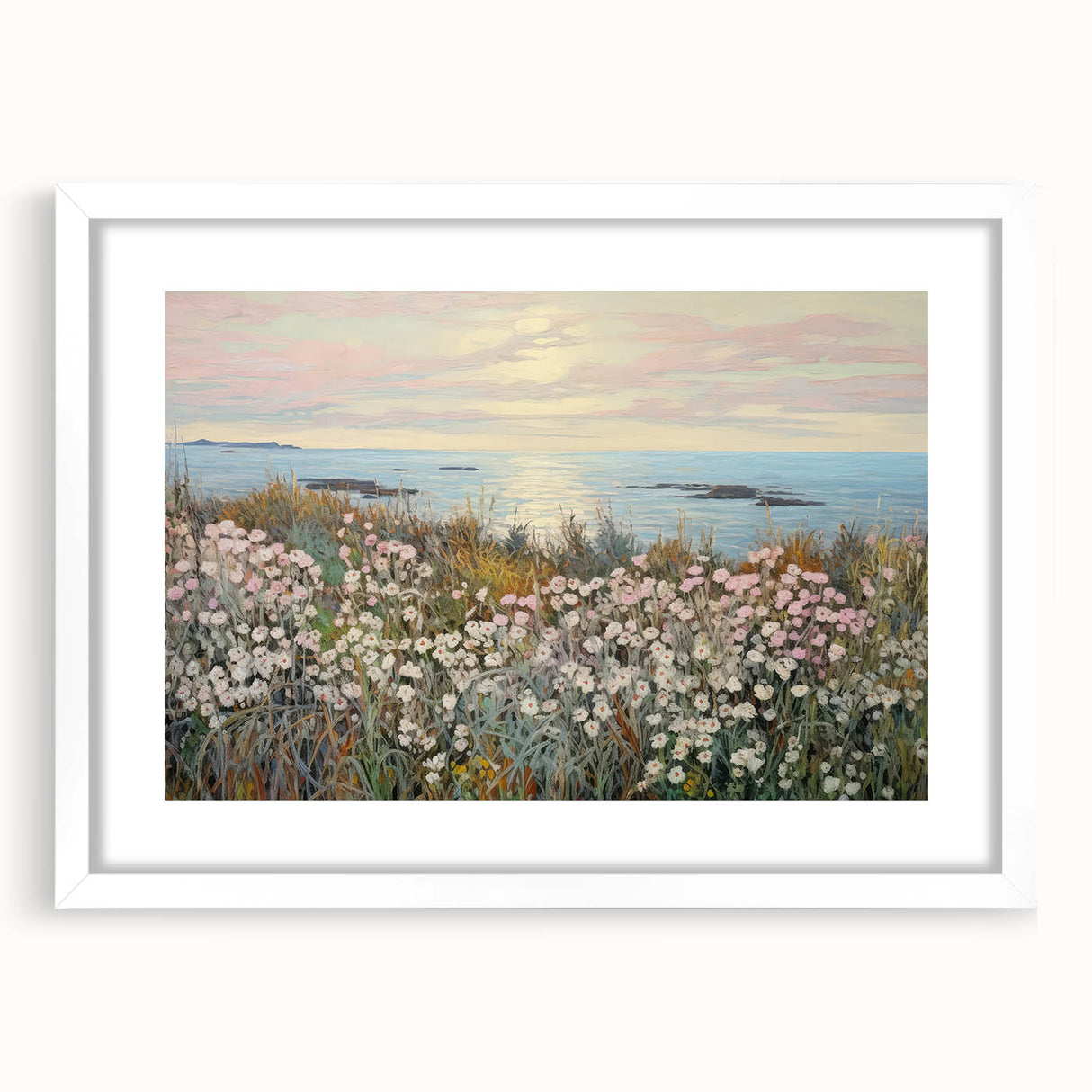 Vintage Landscape Art - Coastal Flowers and Ocean Horizon