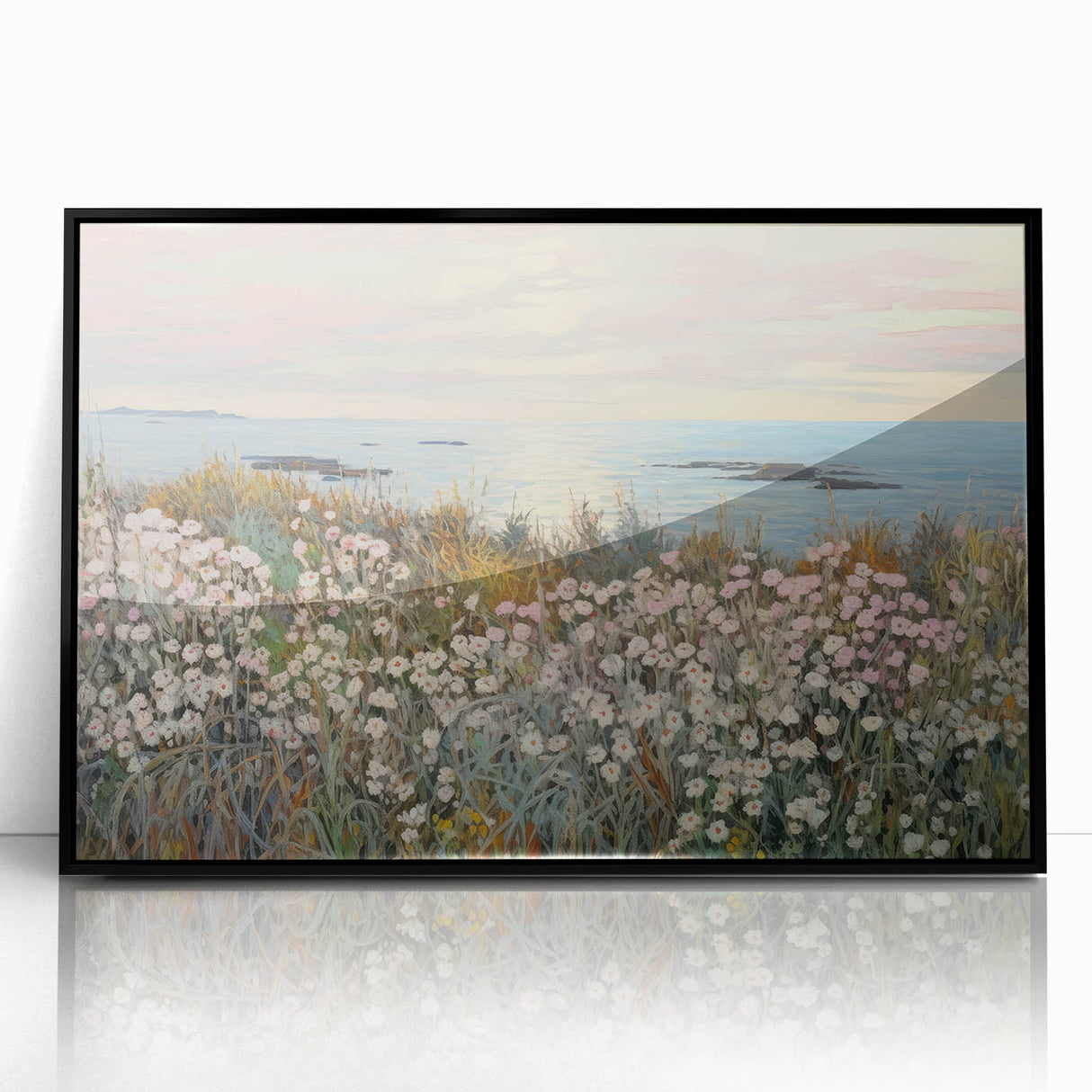 Vintage Landscape Art - Coastal Flowers and Ocean Horizon