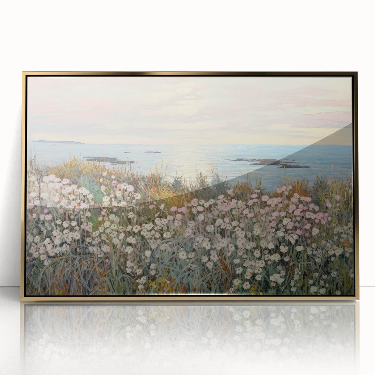 Vintage Landscape Art - Coastal Flowers and Ocean Horizon