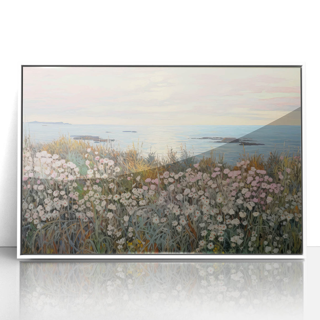 Vintage Landscape Art - Coastal Flowers and Ocean Horizon