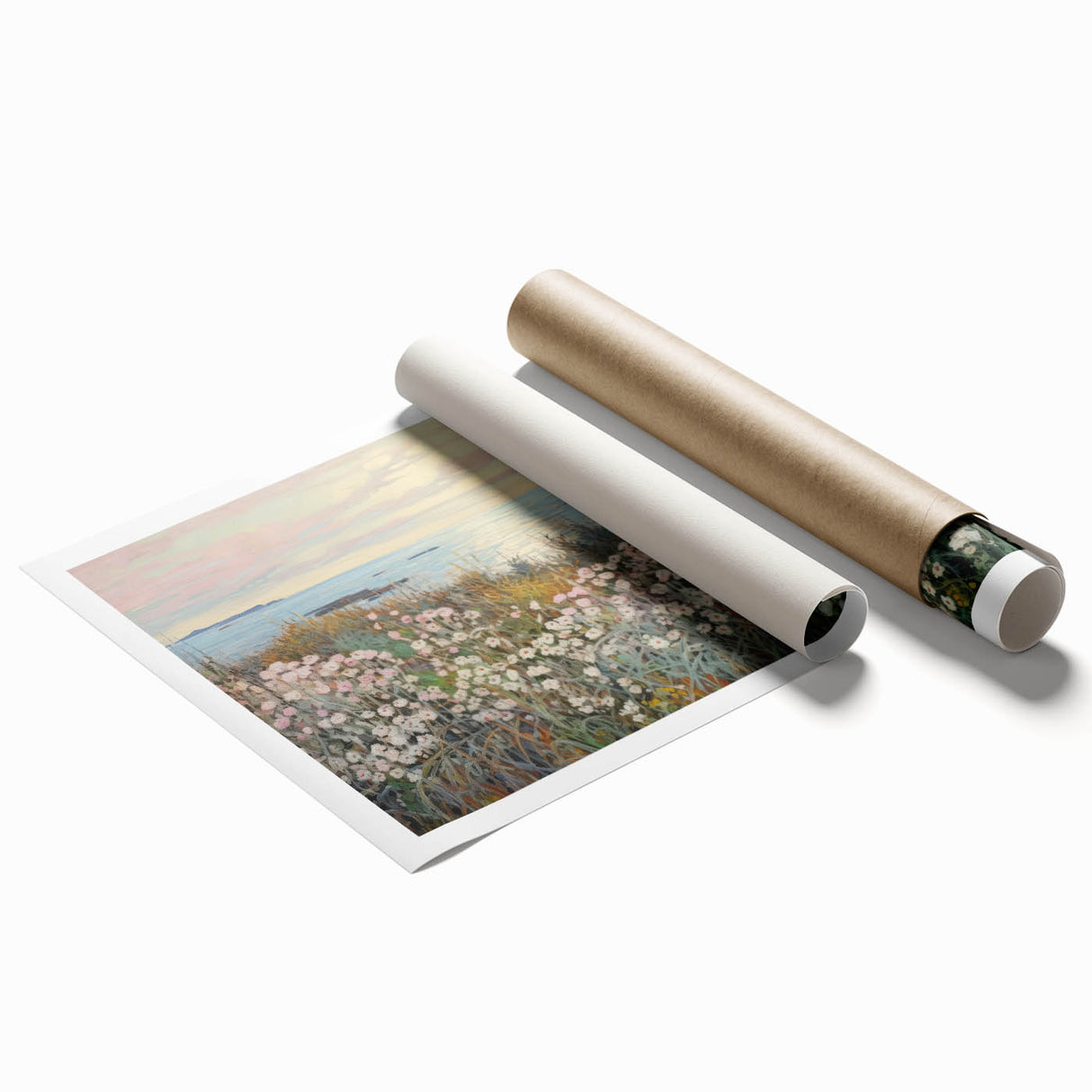 Vintage Landscape Art - Coastal Flowers and Ocean Horizon