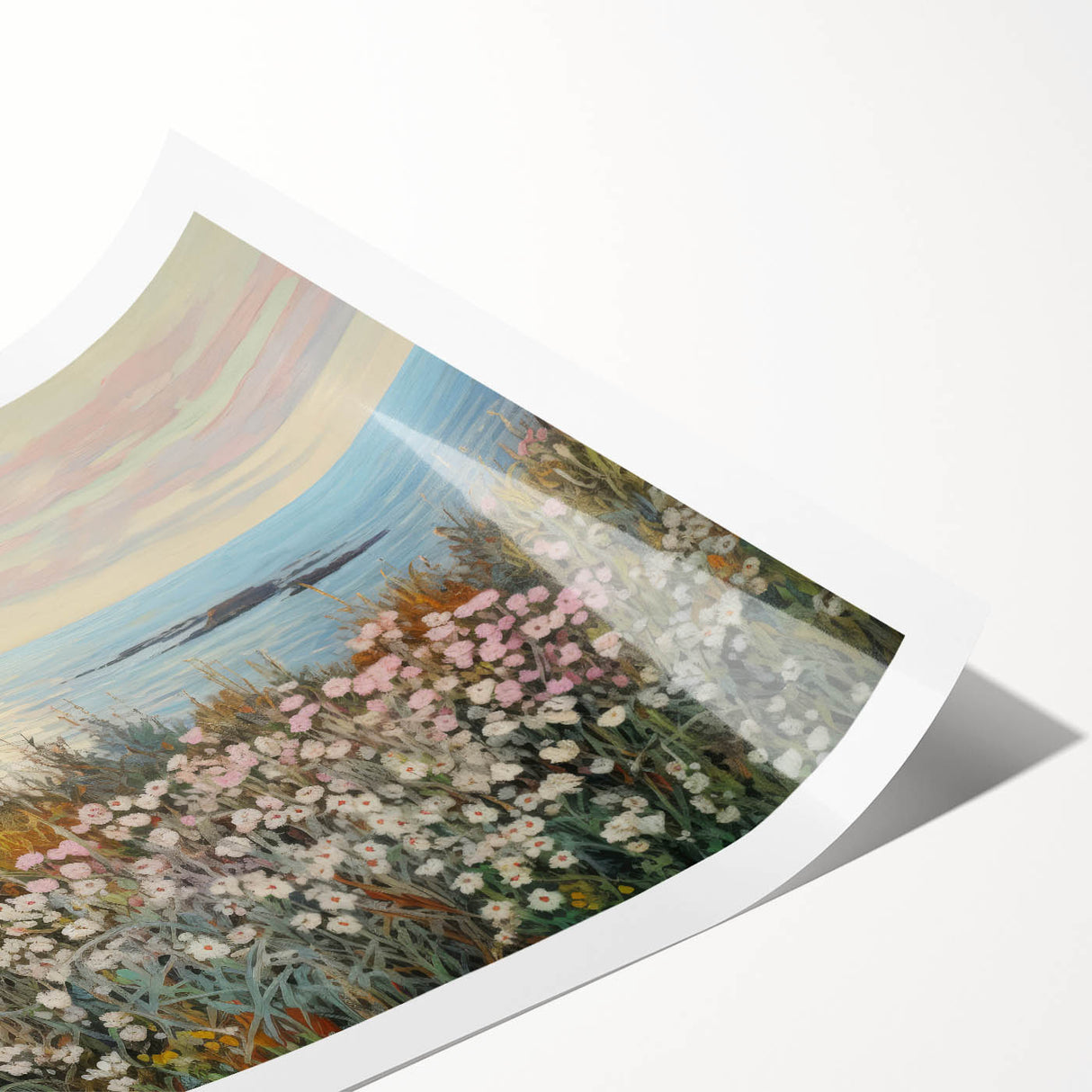 Vintage Landscape Art - Coastal Flowers and Ocean Horizon